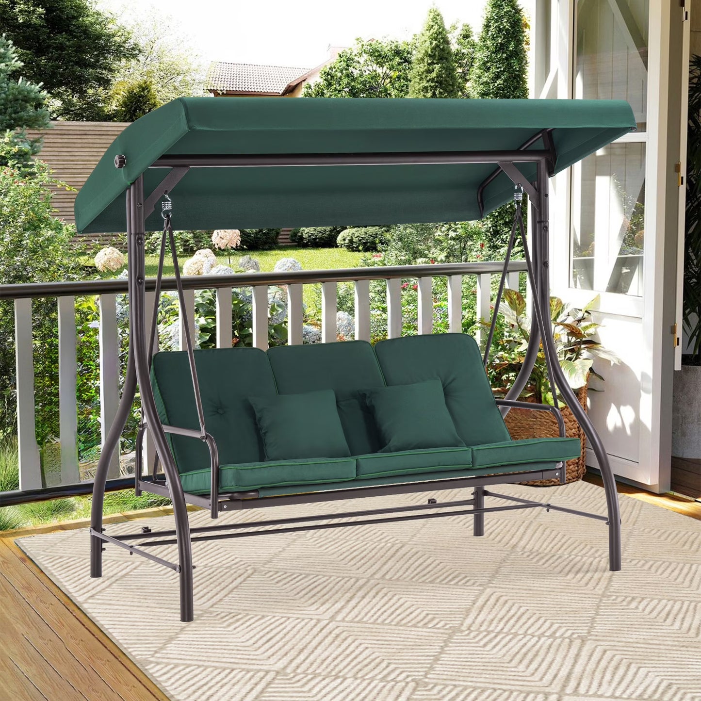 MCombo 3-Seat Outdoor Patio Swing Chair Cushioned with Adjustable Backrest and Canopy, Pillow, Brown
