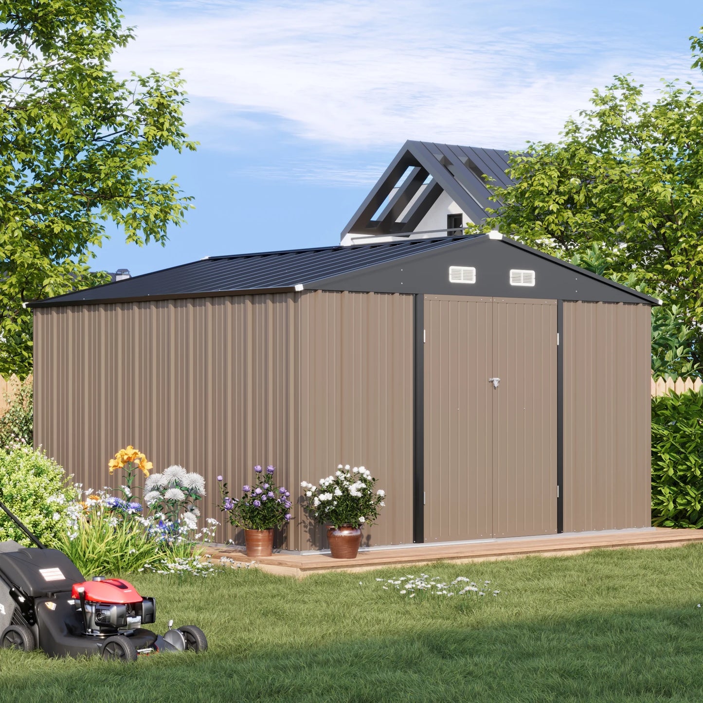 Patiowell 10 x 10 ft Outdoor Storage Metal Shed with Sloping Roof and Double Lockable Door, Brown
