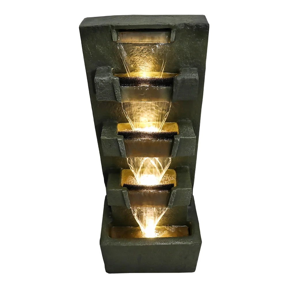 39.3-in High Floor Waterfall Fountain with LED Lights 5-Tier Water Fountain Outdoor Indoor Fiber Reinforced Concrete Fountain for Modern Patio Decor Garden, House, Office, Garden, Home Art Decor