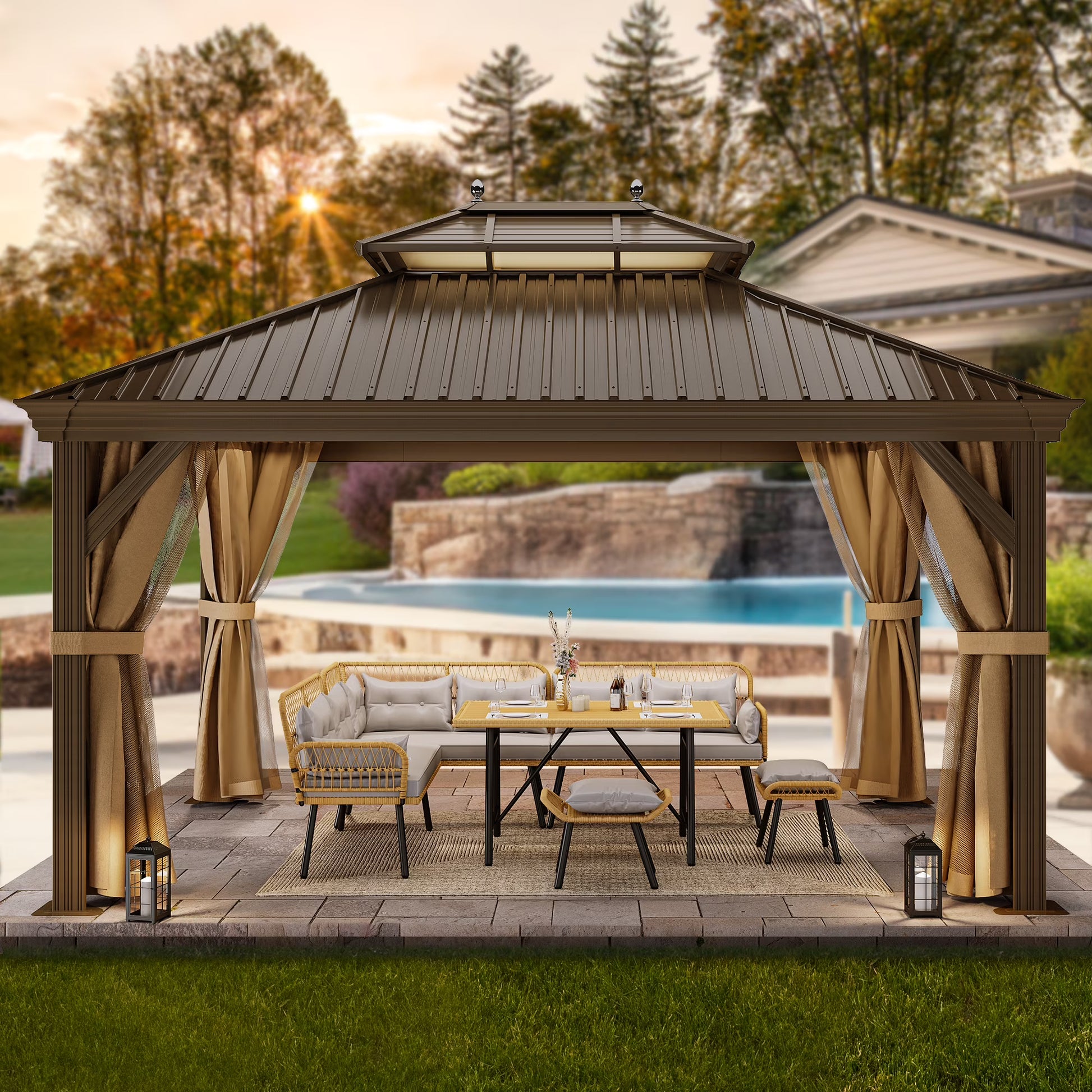 Dextrus 10x12ft Double Roof Hardtop Gazebo with Netting& Curtains, Double Galvanized Iron Aluminum Frame Outdoor White Gazebo,Ideal for Patio, Backyard,Deck and Lawns,Grey Curtain