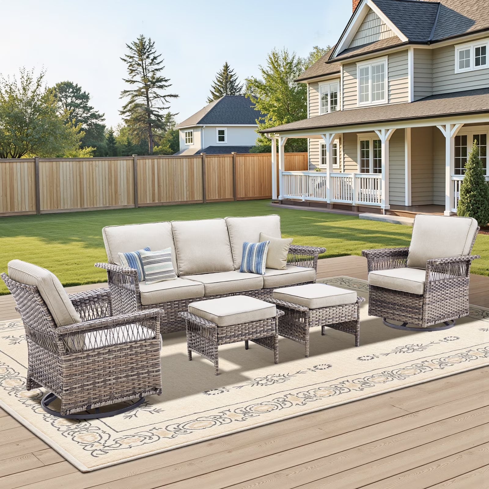 Planntonneo 5 Pieces Wicker Patio Furniture Set Deals, Outdoor Couch Set with Swivel Rocking Chairs and Ottomans for Porch Backyard Garden