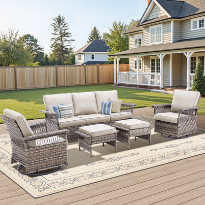 Planntonneo 5 Pieces Wicker Patio Furniture Set Deals, Outdoor Couch Set with Swivel Rocking Chairs and Ottomans for Porch Backyard Garden
