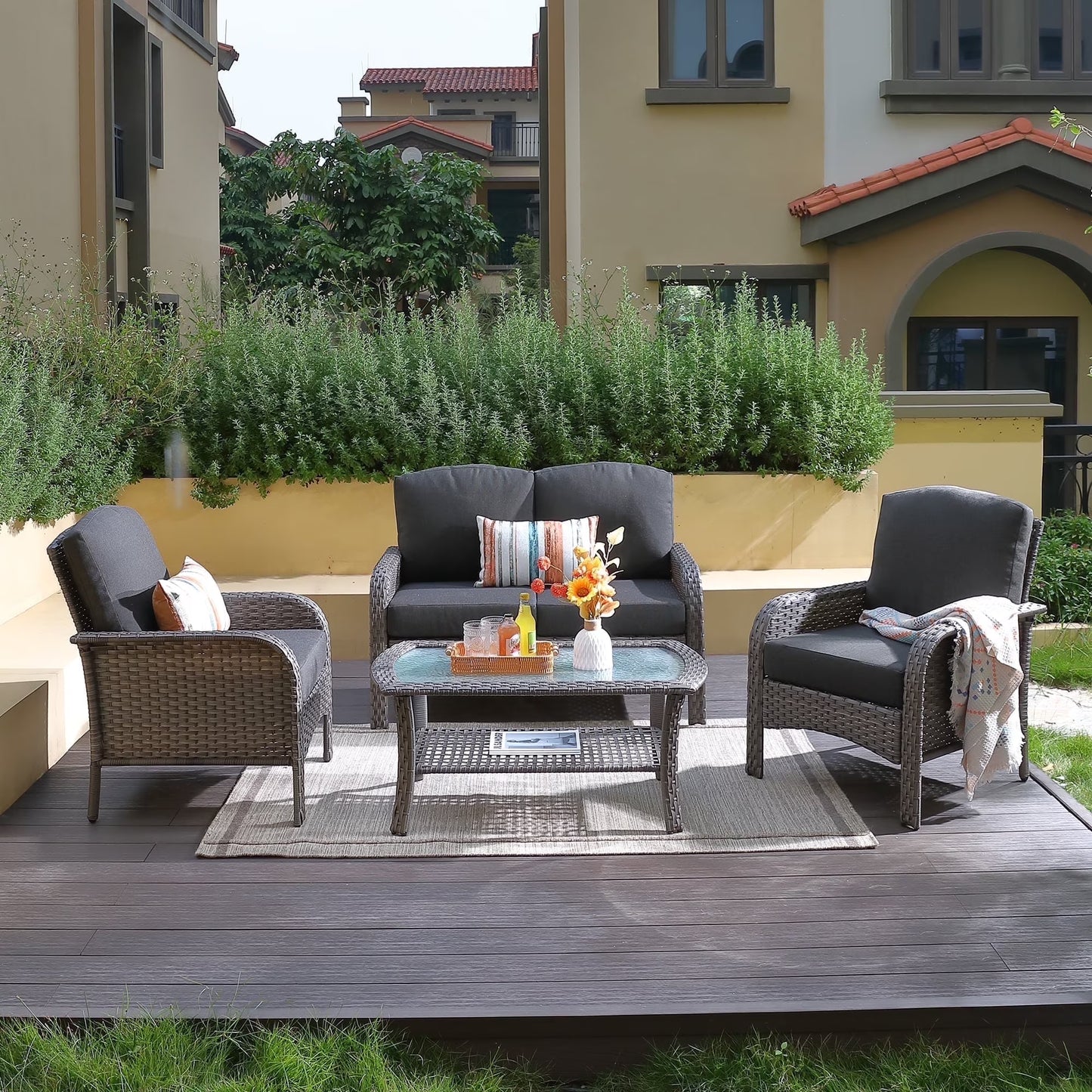 Vcatnet 4 Pieces Outdoor Patio Furniture All-weather Wicker Conversation Set with Coffee Table for Garden,Poolside,Gray