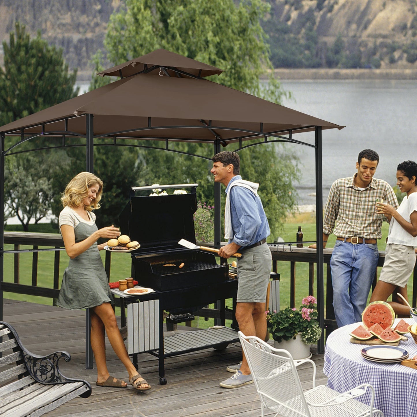 MASTERCANOPY 8' x 5' Grill Gazebo Outdoor BBQ Gazebo Canopy with LED Lights for Patio, Brown