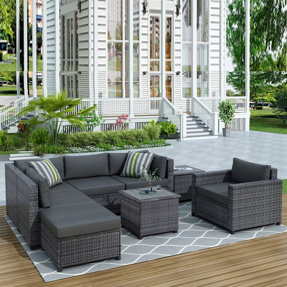 8 Piece Patio Outdoor Furniture Set, PE Rattan Sectional Sofa Set with 2 Tea Tables, Ottoman & Washable Cushions, All-Weather Wicker Conversation Couch Set for Patio, Deck, Garden, Backyard, K2460