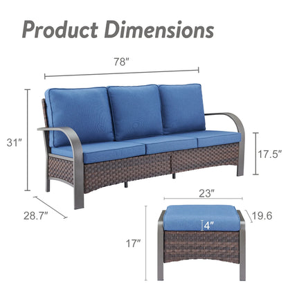 OPOHORO 3-Piece Outdoor Patio Furniture Set, 75-Inch Wicker Sofa with 2 Ottomans, Brown Rattan Couch with Blue Cushions for Deck or Backyard