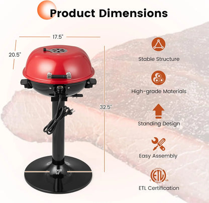 HAPPYGRILL 1600W Electric Grill Outdoor, Portable BBQ Grill with Warming Tray, Removable Non-Stick Grill Rack, Adjustable Temperature& Oil Drip Tray for Patio, Camping, Picnic,Red