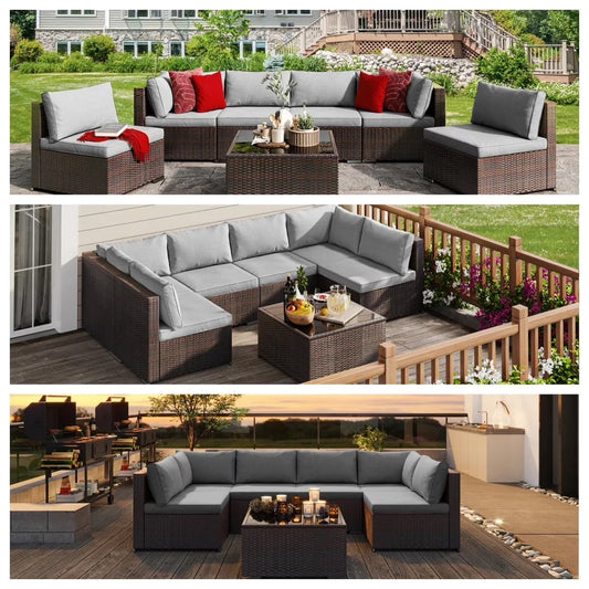7 Pieces Outdoor Patio Furniture Set, Lofka PE Rattan Sectional Sofa with Tempered Glass Coffee Table & All-Weather Cushions, Patio Conversation Set for Garden, Poolside (Grey)