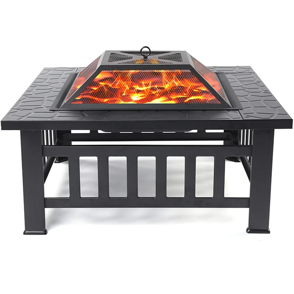 Wood Burning Fire Pits for Outside, 32" Square Iron Fire Pit Backyard Patio Garden Stove Wood Burning Fire Pit w/Mesh Screen Lid, Wood Grate, Poker, Durable Fire Pit, Q5946