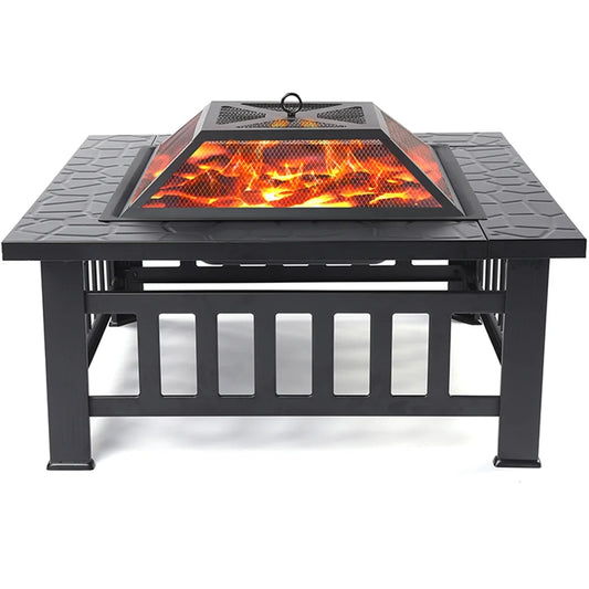Wood Burning Fire Pits for Outside, 32" Square Iron Fire Pit Backyard Patio Garden Stove Wood Burning Fire Pit w/Mesh Screen Lid, Wood Grate, Poker, Durable Fire Pit, Q5946