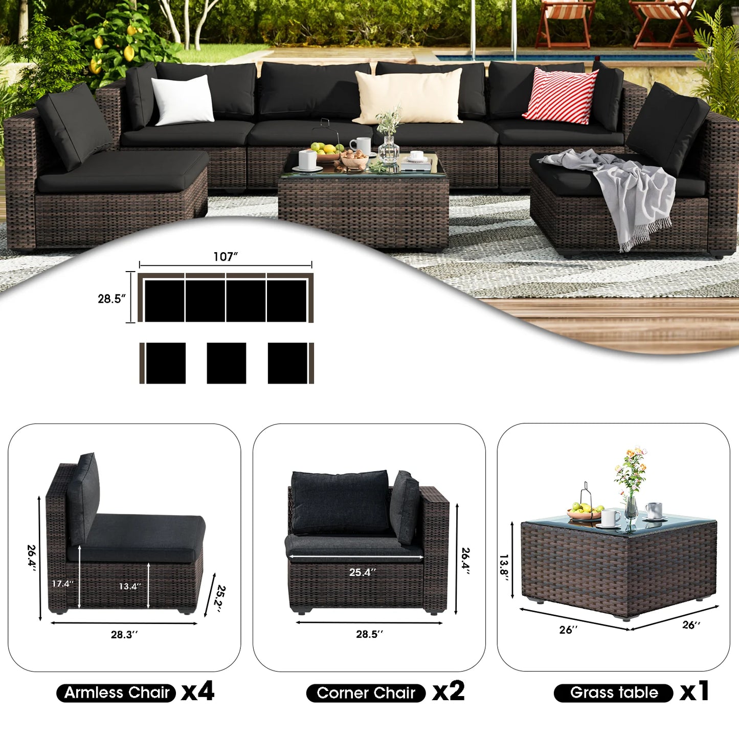 Grezone 7 Patio Outdoor Furniture Wicker Sectional Sofa Couch Lawn Sectional, Black