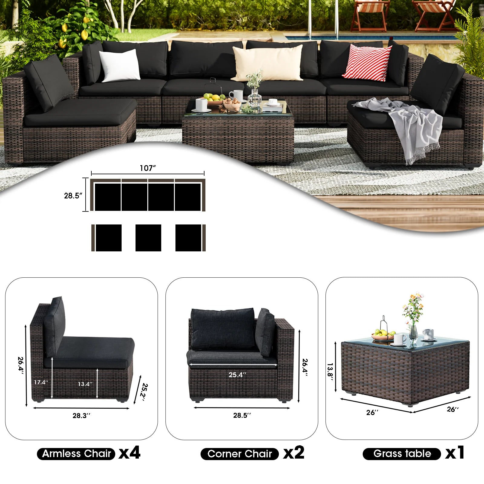 Grezone 7 Patio Outdoor Furniture Wicker Sectional Sofa Couch Lawn Sectional, Black