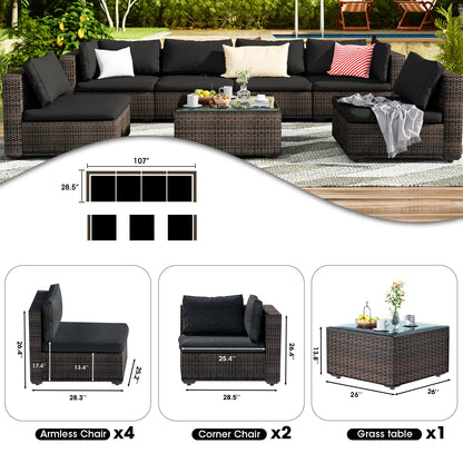 Grezone 7 Patio Outdoor Furniture Wicker Sectional Sofa Couch Lawn Sectional, Black