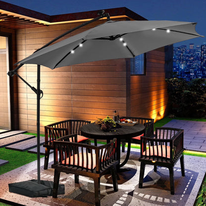 Ainfox 10ft Cantilever Patio Umbrella with Lights, Offset Market Umbrella with Sandbags Weighted Base and Cross Base,Khaki