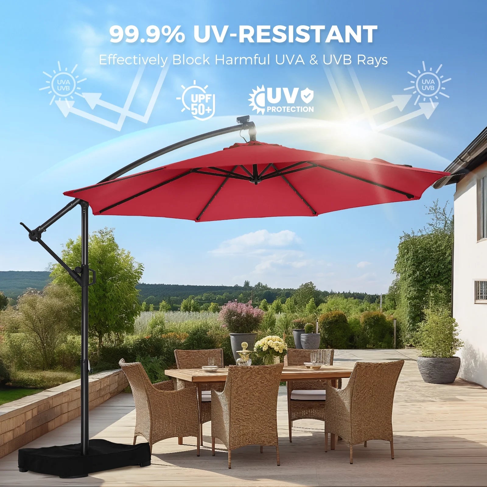 10ft Patio Umbrellas OffsetOutdoor Umbrella Cantilever Hanging Umbrellas with Infinite Tilt,Fade Resistant Waterproof Fabric & Base,for Yard,Garden,Home,Pool & Deck,Red
