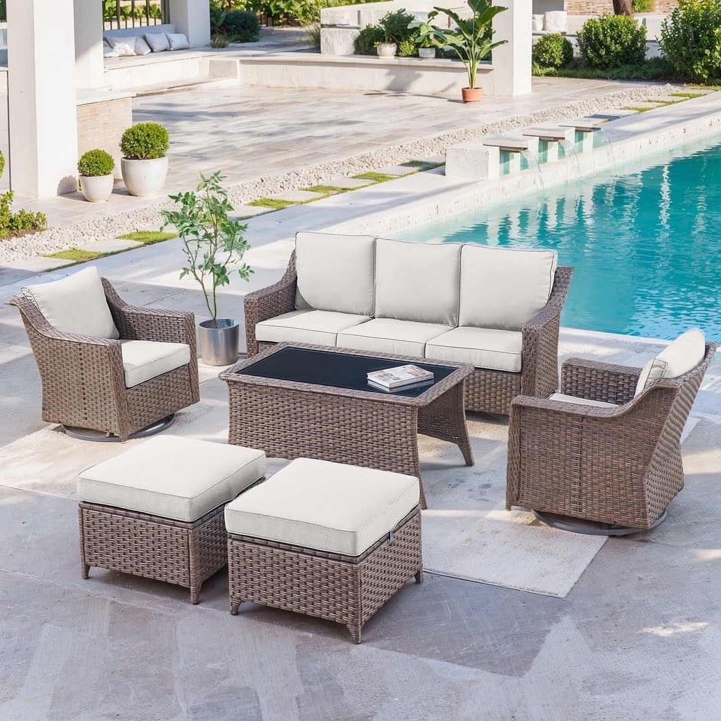 Gymojoy 6-Piece Patio Furniture Set, Oversized Outdoor Wicker Sofa with Swivel Chairs and Coffee Table, Sectional Rattan Outdoor Conversation Set for Poolside Backyard Deck, Blue