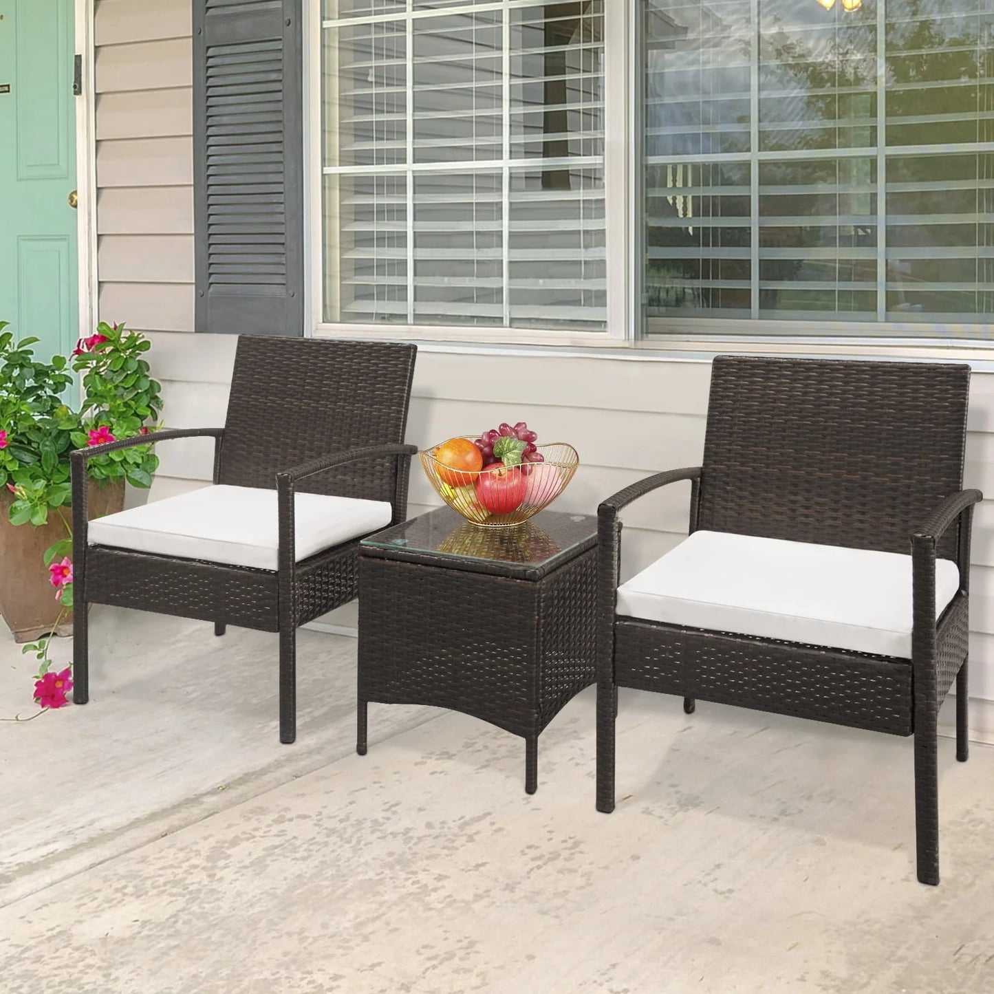 Zimtown 3 Pieces Patio Wicker Furniture, Outdoor Rattan Chat Set with Glass Table and Wicker Chairs, Brown Gradient