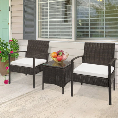 Zimtown 3 Pieces Patio Wicker Furniture, Outdoor Rattan Chat Set with Glass Table and Wicker Chairs, Brown Gradient