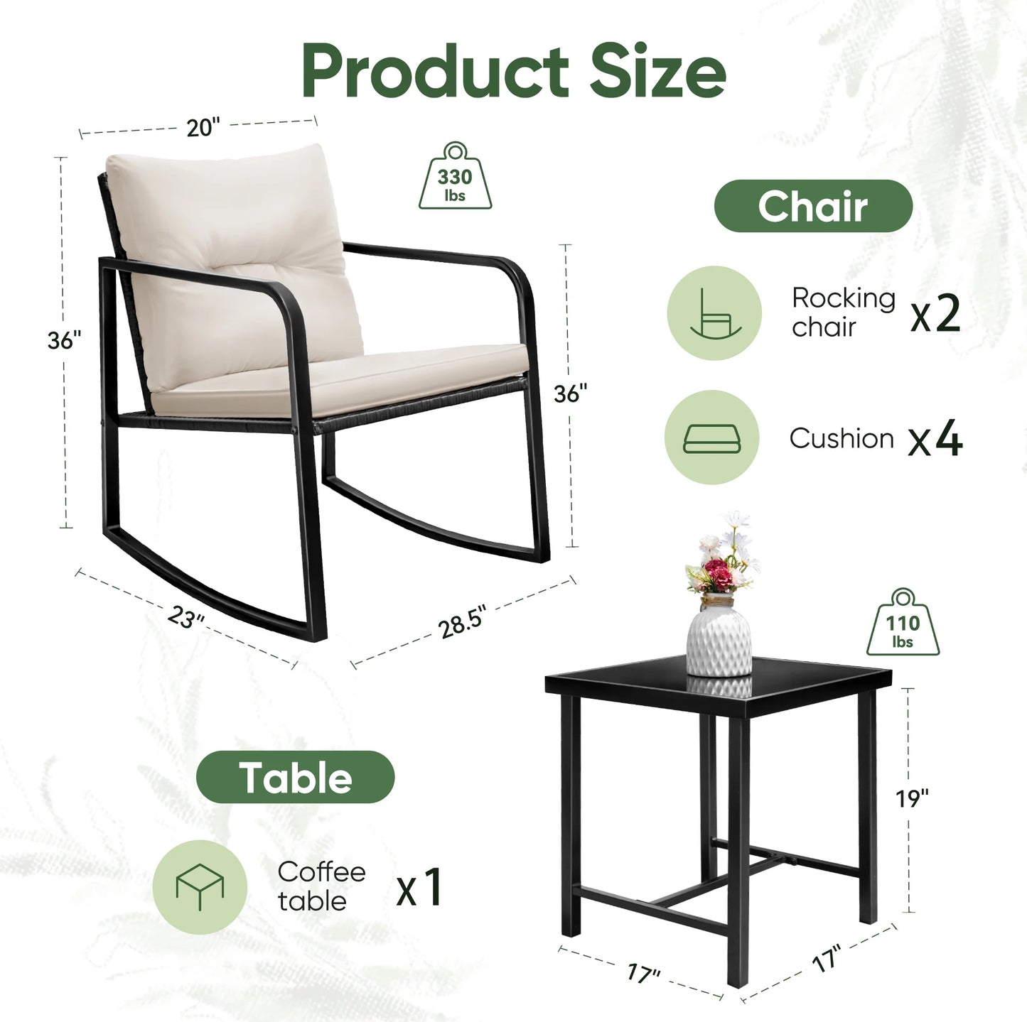 Devoko 3 Pieces Rocking Patio Furniture Sets Outdoor Rocking Chair PE Rattan Bistro Rocker Conversation Sets with Coffee Table for Garden, Beige