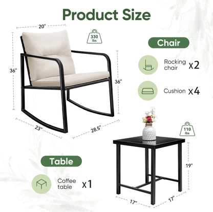 Devoko 3 Pieces Rocking Patio Furniture Sets Outdoor Rocking Chair PE Rattan Bistro Rocker Conversation Sets with Coffee Table for Garden, Beige