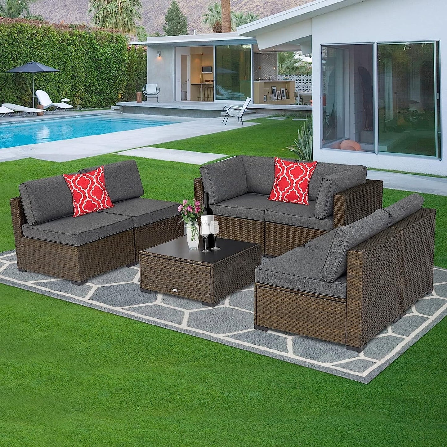 Kinbor 7pcs Outdoor Patio Rattan Wicker Furniture Sectional Sofa Set with Gray Cushions