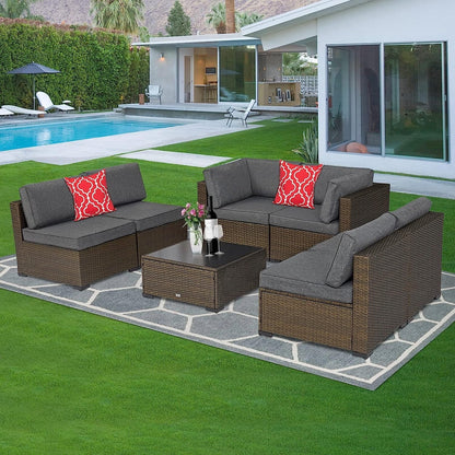 Kinbor 7pcs Outdoor Patio Rattan Wicker Furniture Sectional Sofa Set with Gray Cushions