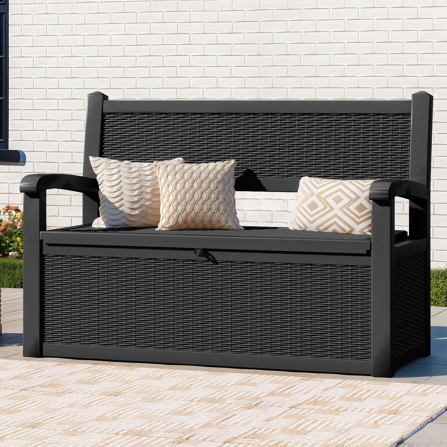 ModFusion 70-Gallon Outdoor Resin Storage Cabinet with Rattan Backrest - Waterproof Patio Bench Seat, 500 lbs Capacity, Black