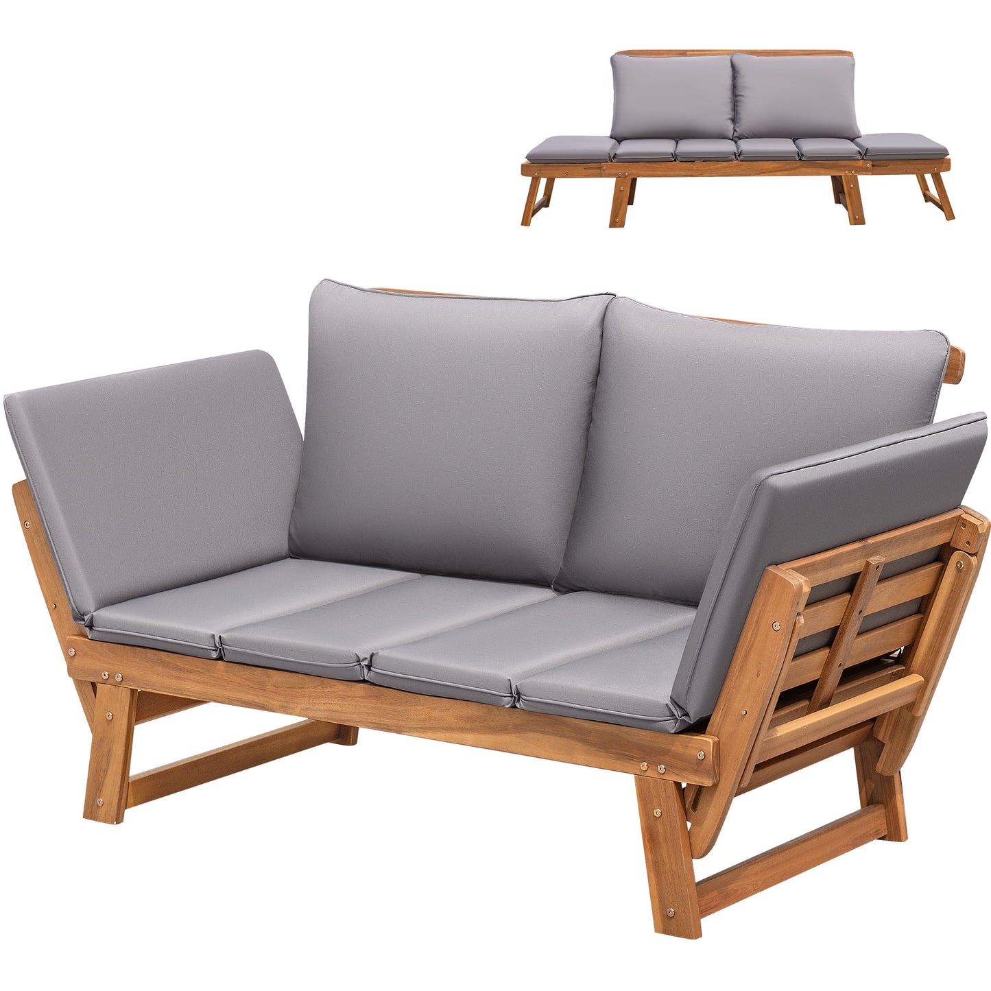 Homall Outdoor Sofa Patio Acacia Wood Daybed with Adjustable Armrests, Gray