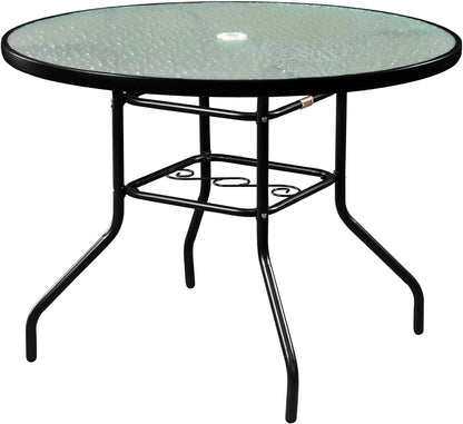 Outdoor Steel Dining Table Patio Furniture, Round Waterwave Glass Top, Black, 40"
