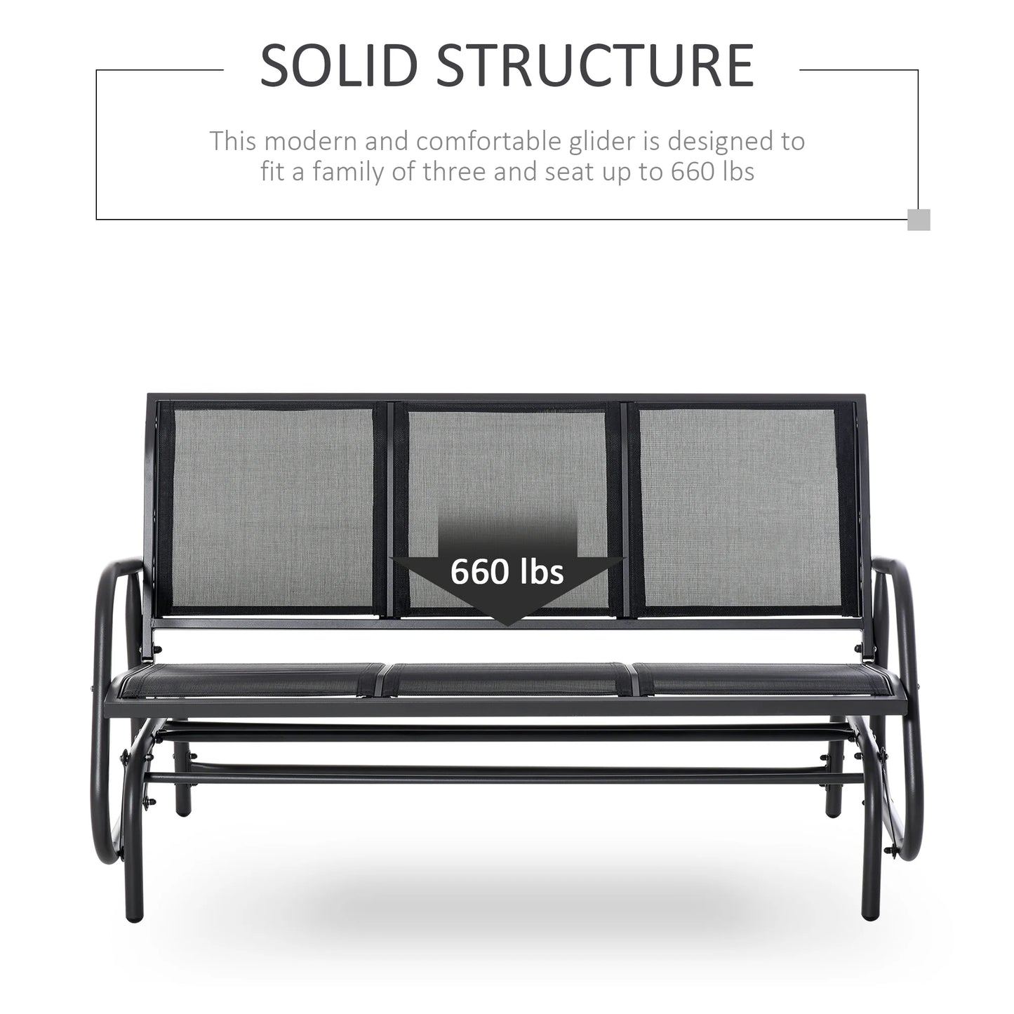 Outsunny Patio Glider Bench, Outdoor Porch Glider Swing with 3 Seats, Breathable Mesh Fabric, Metal Frame, Black