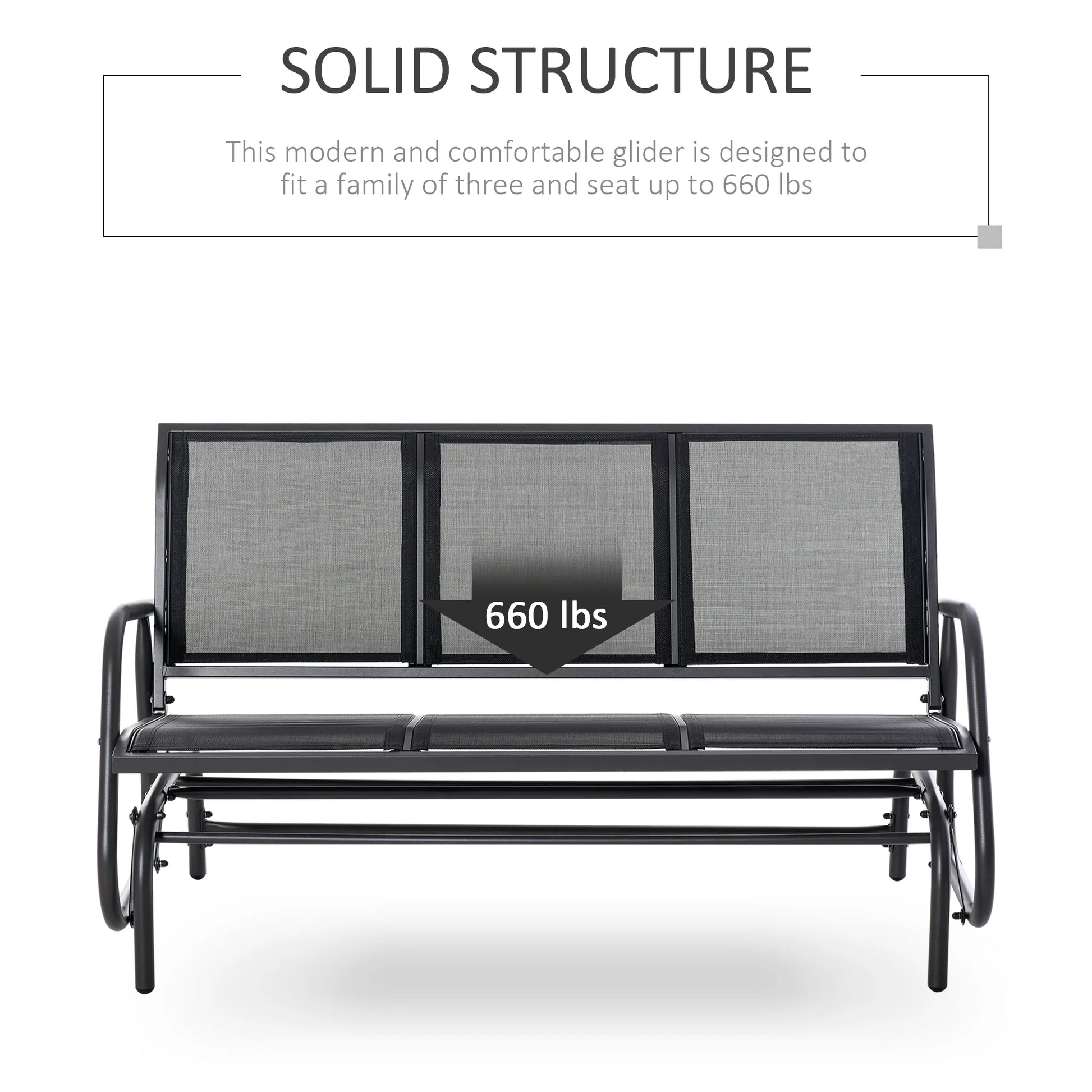 Outsunny Patio Glider Bench, Outdoor Porch Glider Swing with 3 Seats, Breathable Mesh Fabric, Metal Frame, Black