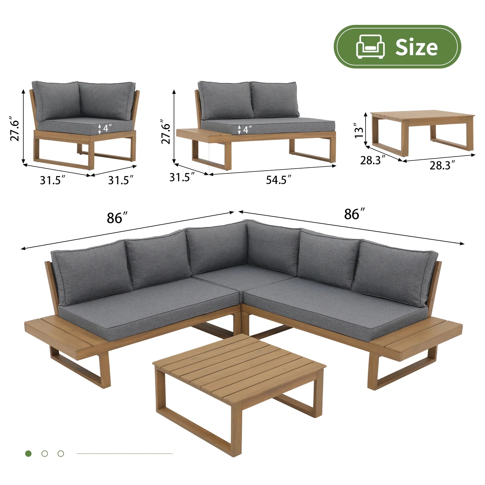 OC Orange-Casual Outdoor 4-Piece Acacia Wood Furniture Set, All-Weather Patio Sectional Sofa Set, Rope Lounge Couch with Wood Table, Cream White Cushion