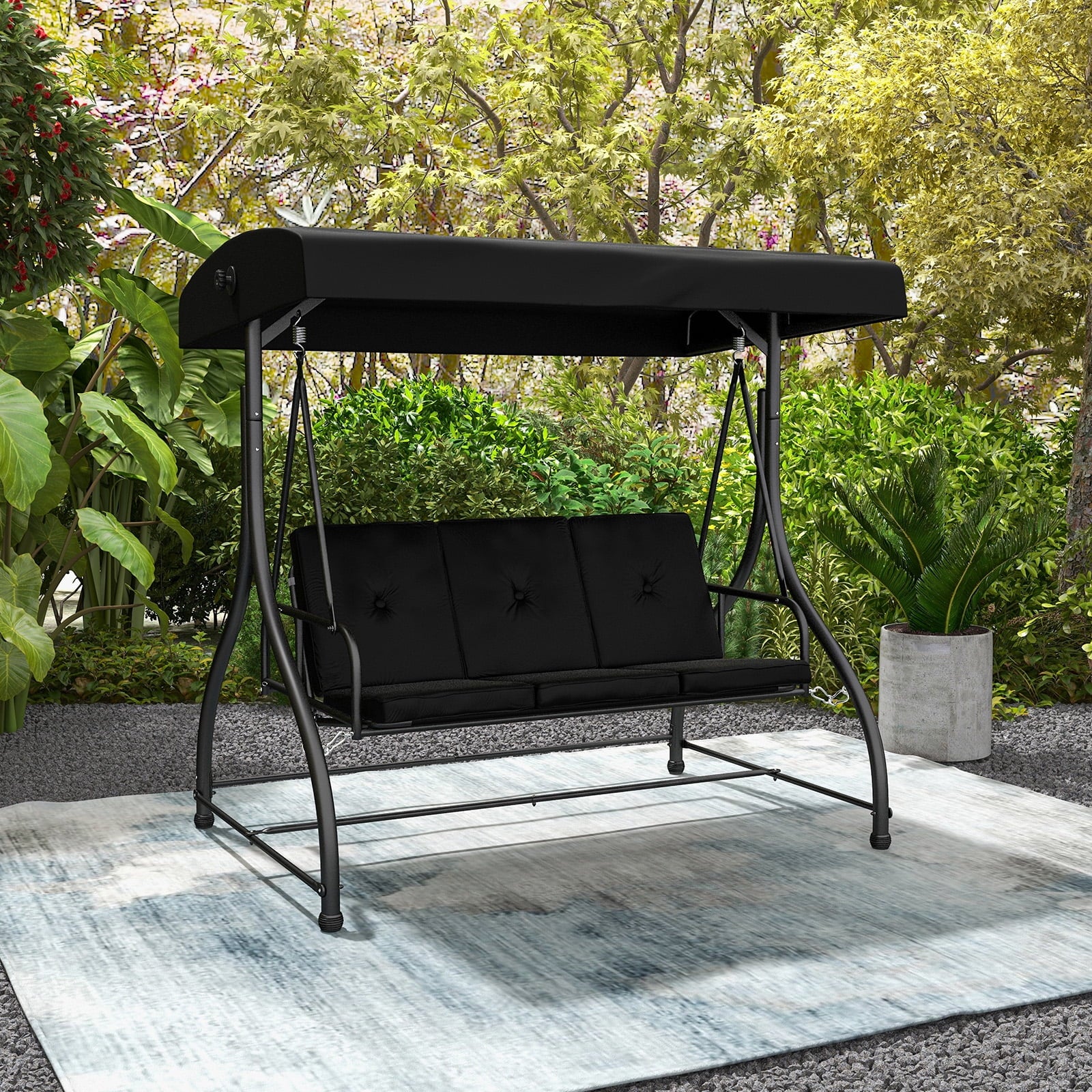 Costway 3-Seat Outdoor Converting Patio Swing Glider Adjustable Canopy Porch Swing Black