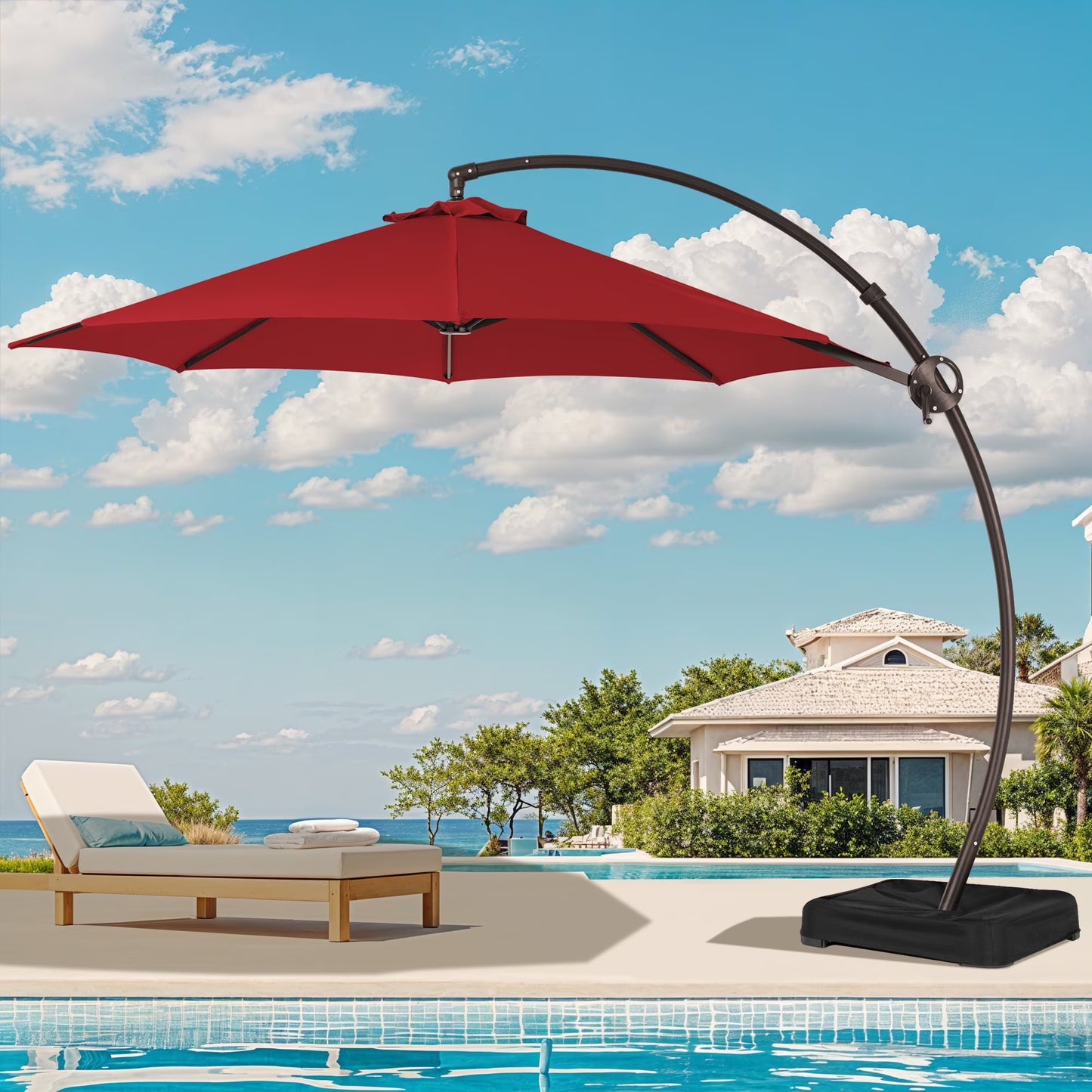 JUSTLET 10FT Arched-Pole Cantilever Hanging Patio Umbrella with baseNavy Blue