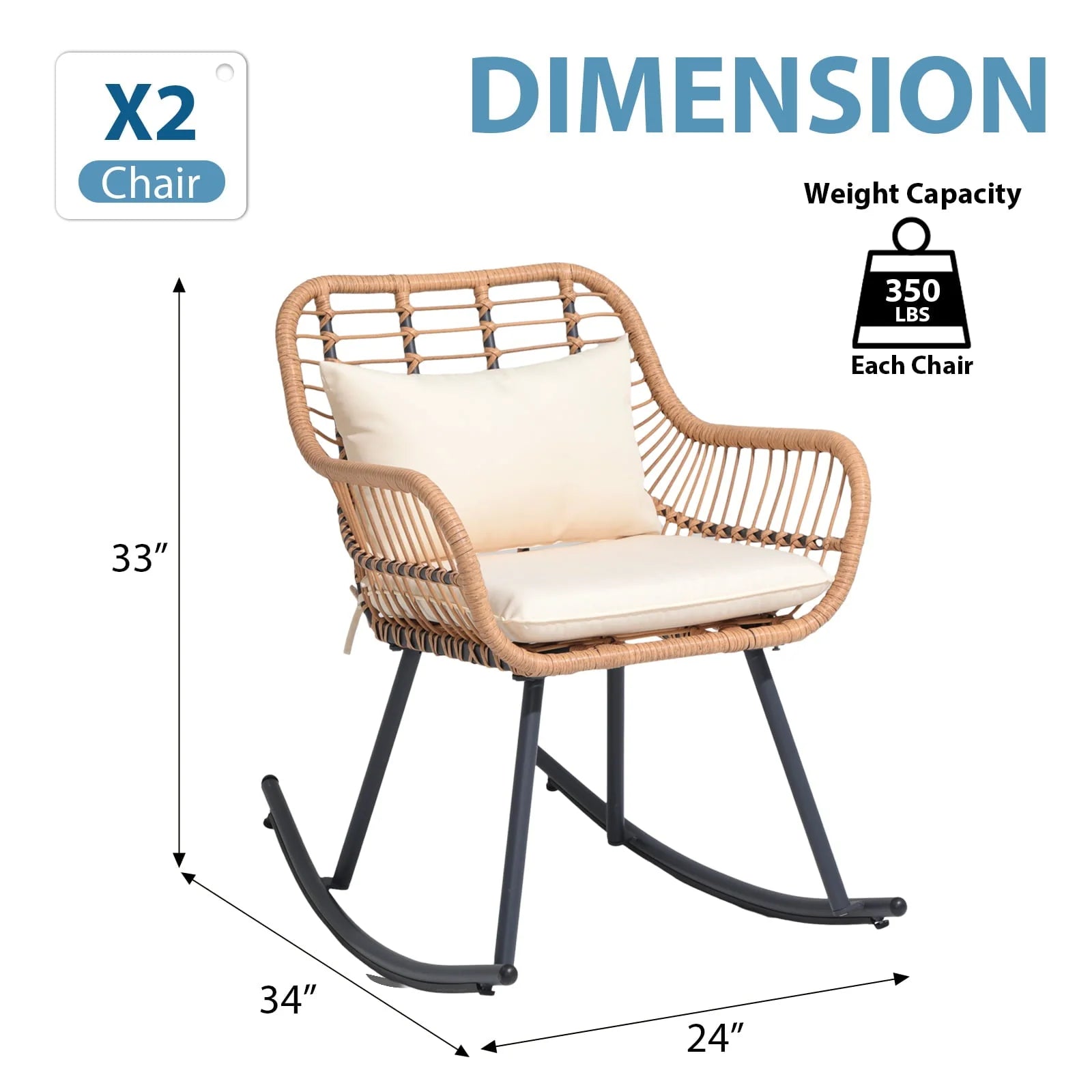 JOIVI Patio Wicker Rocking Chairs Set of 2, Outdoor Rattan Rocking Chairs with Pillows and Cushions, Front Porch Rocker with Iron Frame for Outside Lawn Garden Indoor Balcony, White