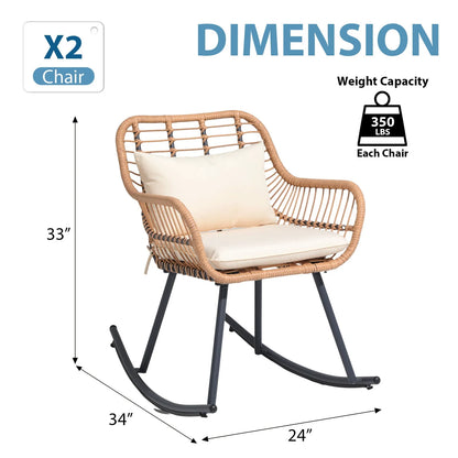 JOIVI Patio Wicker Rocking Chairs Set of 2, Outdoor Rattan Rocking Chairs with Pillows and Cushions, Front Porch Rocker with Iron Frame for Outside Lawn Garden Indoor Balcony, White