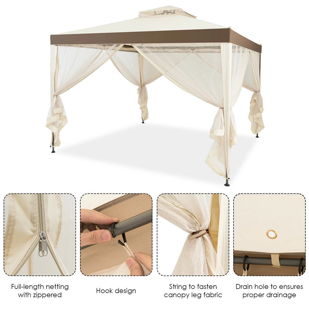 Gymax 10'x 10' Canopy Gazebo Shelter W/Mosquito Netting Outdoor Patio Beige