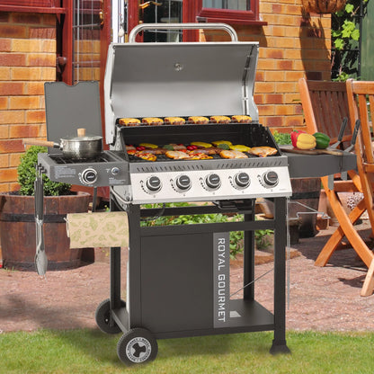 Royal Gourmet GA5406TS 5-Burner Gas Grill with Side Burner and Sear Burner,Cart Style Gas Grill with Side Shelf for Patio Garden Picnic Backyard Cooking, Silver & Black