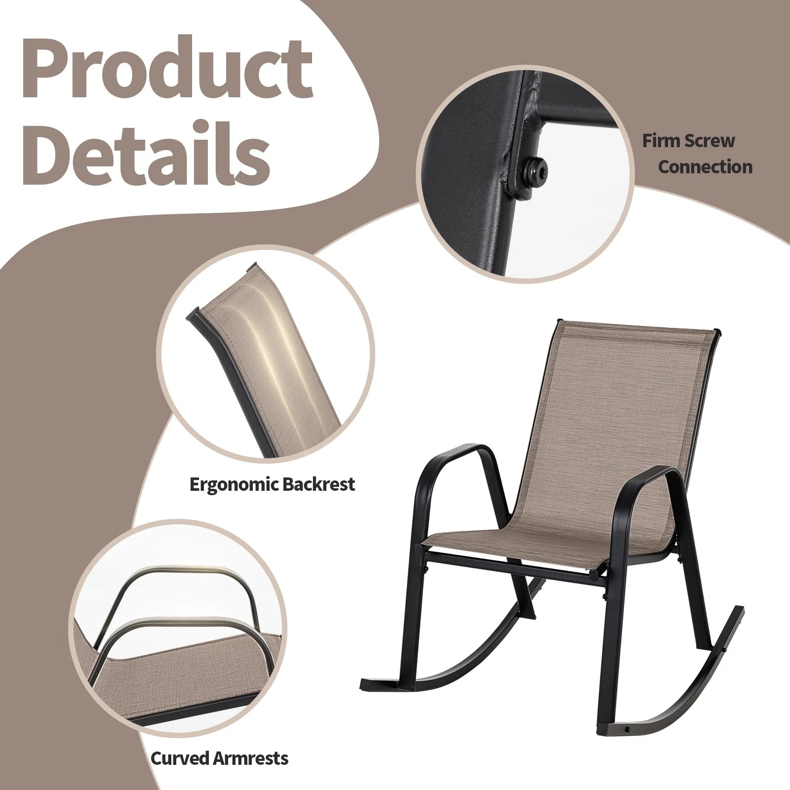 Costway 2 PCS Patio Rocking Chair Heavy-Duty Metal Rocker Outdoor Anti-Slip Brown