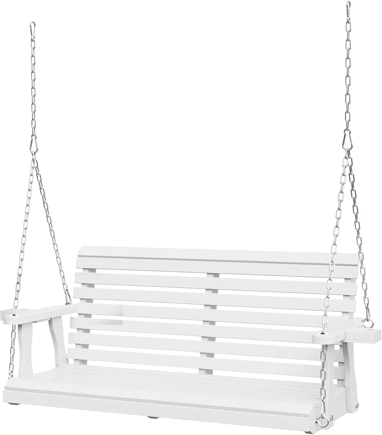 SUNCROWN Porch Swing 2-Seater, Wooden Outdoor Swing Bench with Cup Holder and Chains, 440 LBS Weight Capacity Outdoor Hanging Bench Swing for Patio & Garden (Brown)