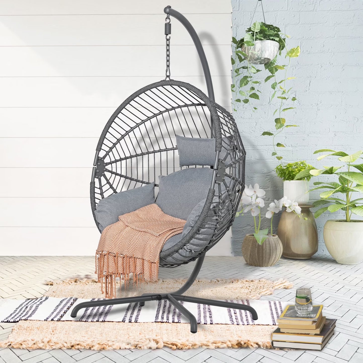 Indoor Outdoor Swing Egg Chair with Stand, Patio Foldable Grey Wicker Rattan Hanging Chair with Cushion, Light Gray