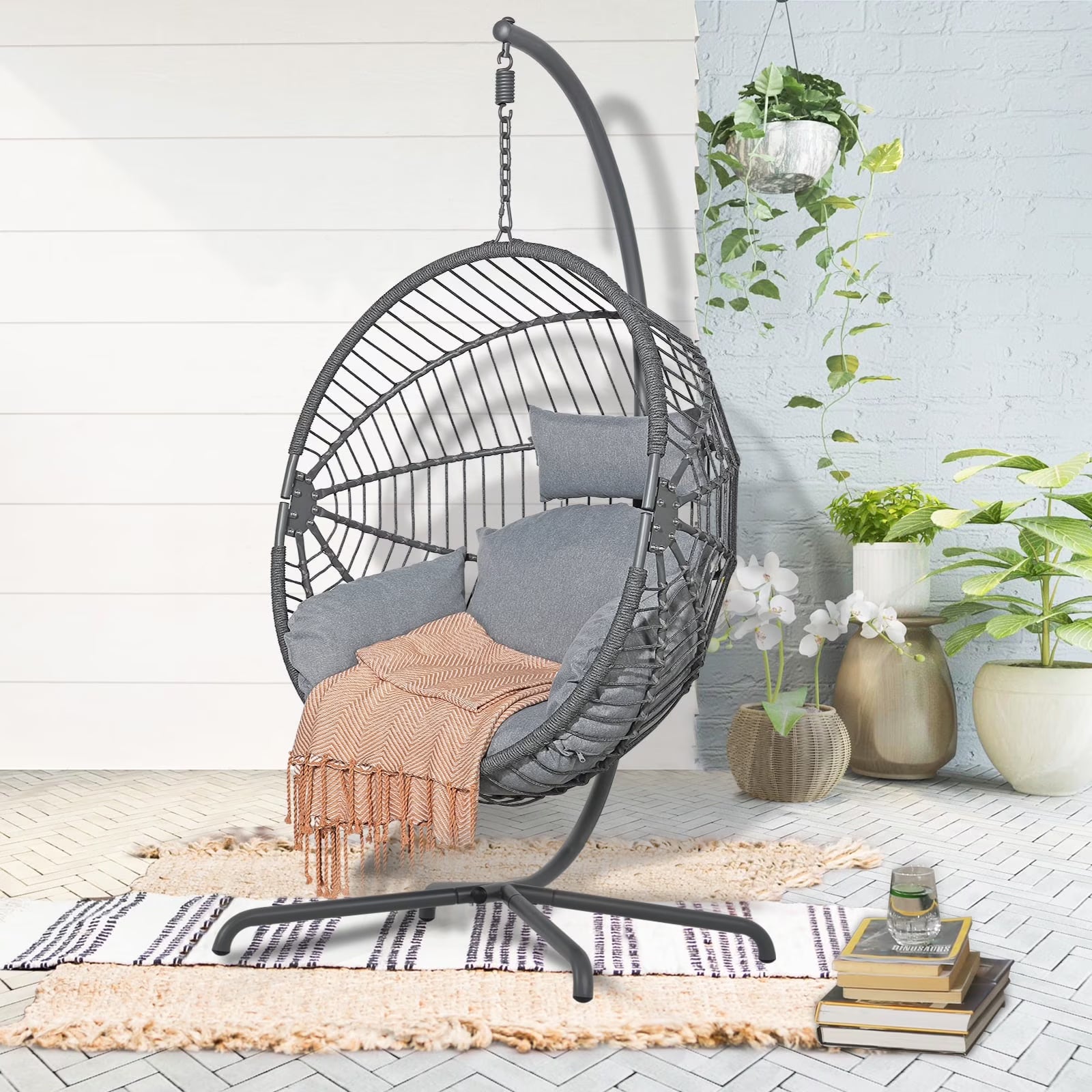 Indoor Outdoor Swing Egg Chair with Stand, Patio Foldable Grey Wicker Rattan Hanging Chair with Cushion, Light Gray
