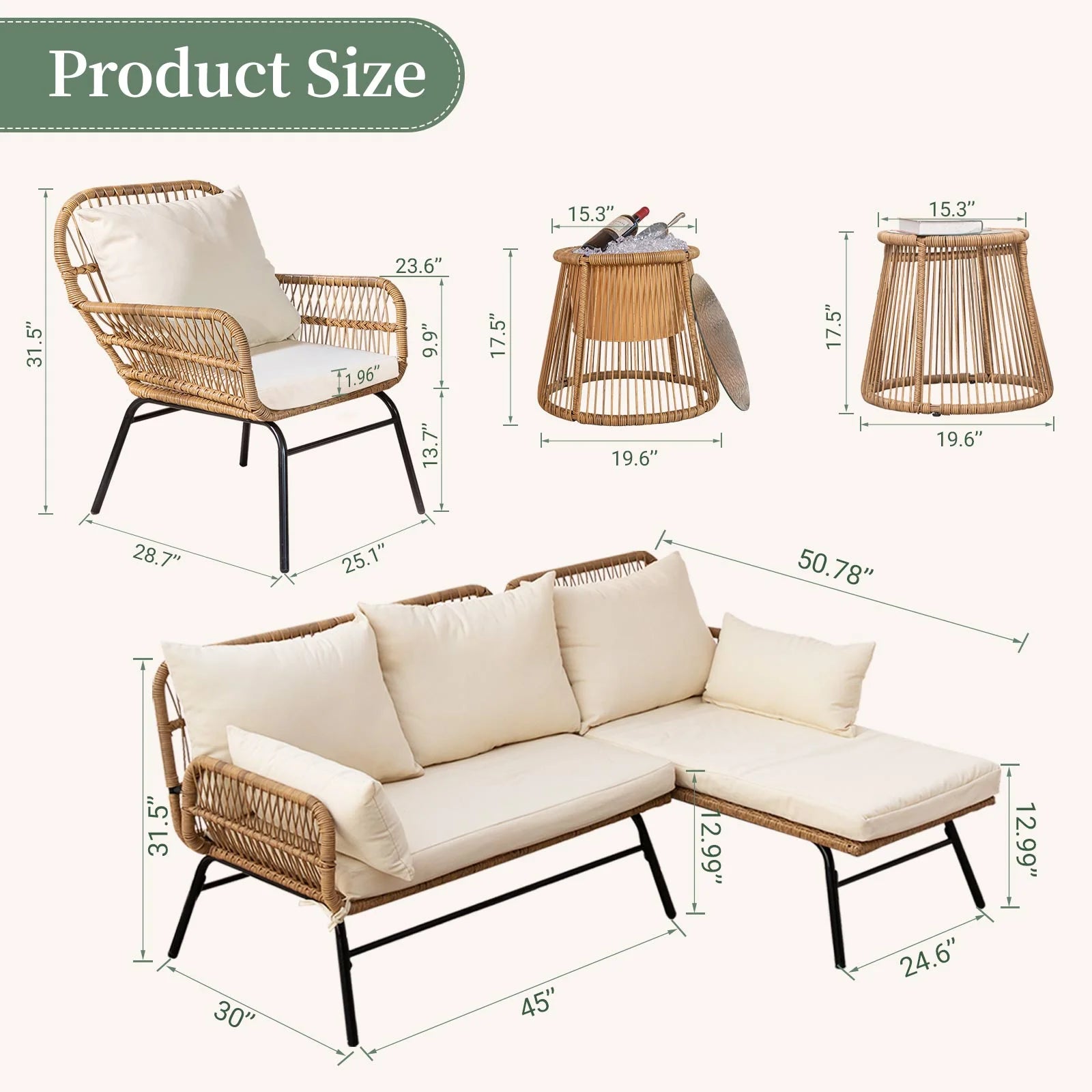 RADIATA 6-Piece Boho Patio Furniture Set, Outdoor Wicker Sectional Sofa Conversation Set with Ice Bucket & Coffee Table, 500lbs Capacity, Beige
