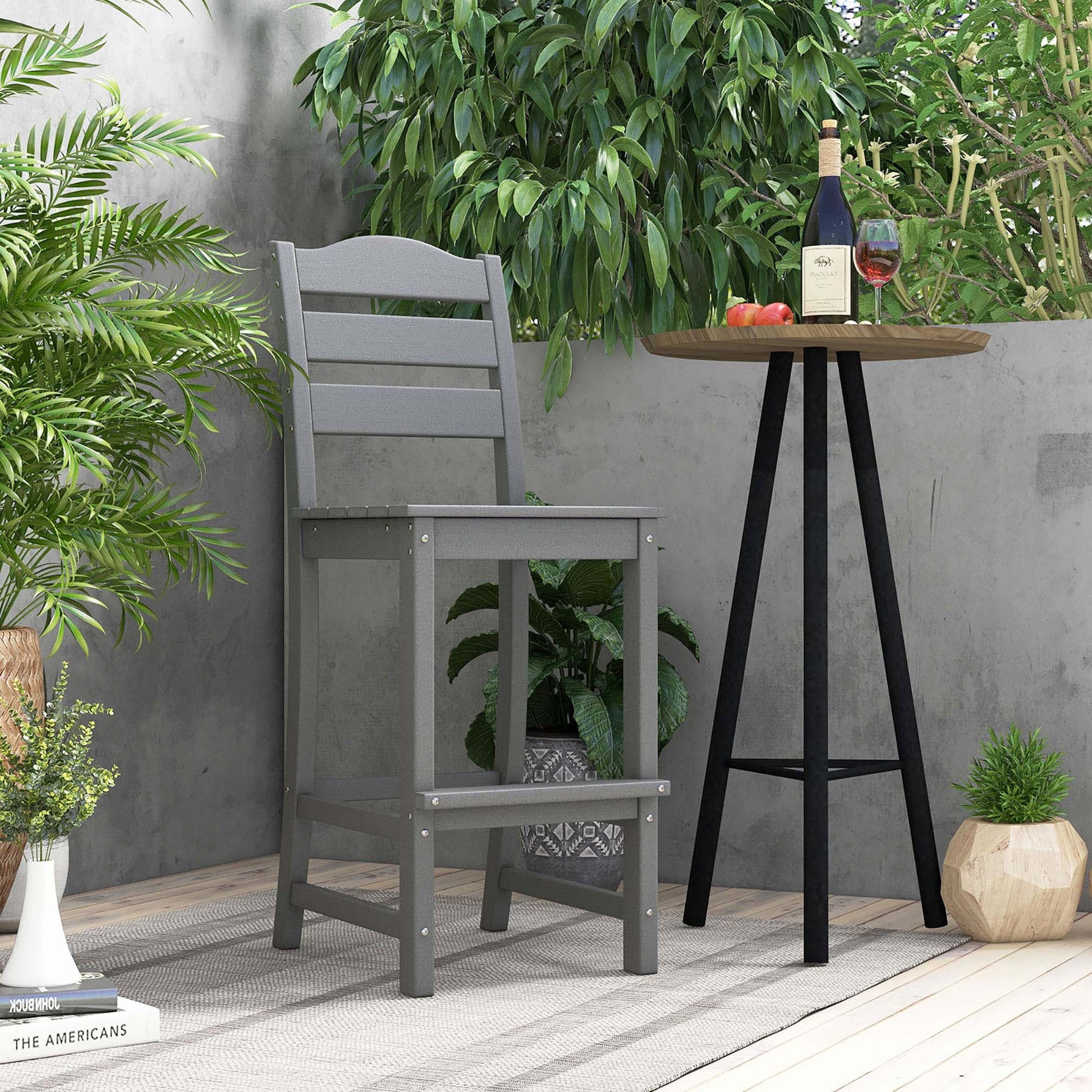 Costway Outdoor HDPE Bar Stool Patio Tall Chair Backrest Footrest All Weather Gray