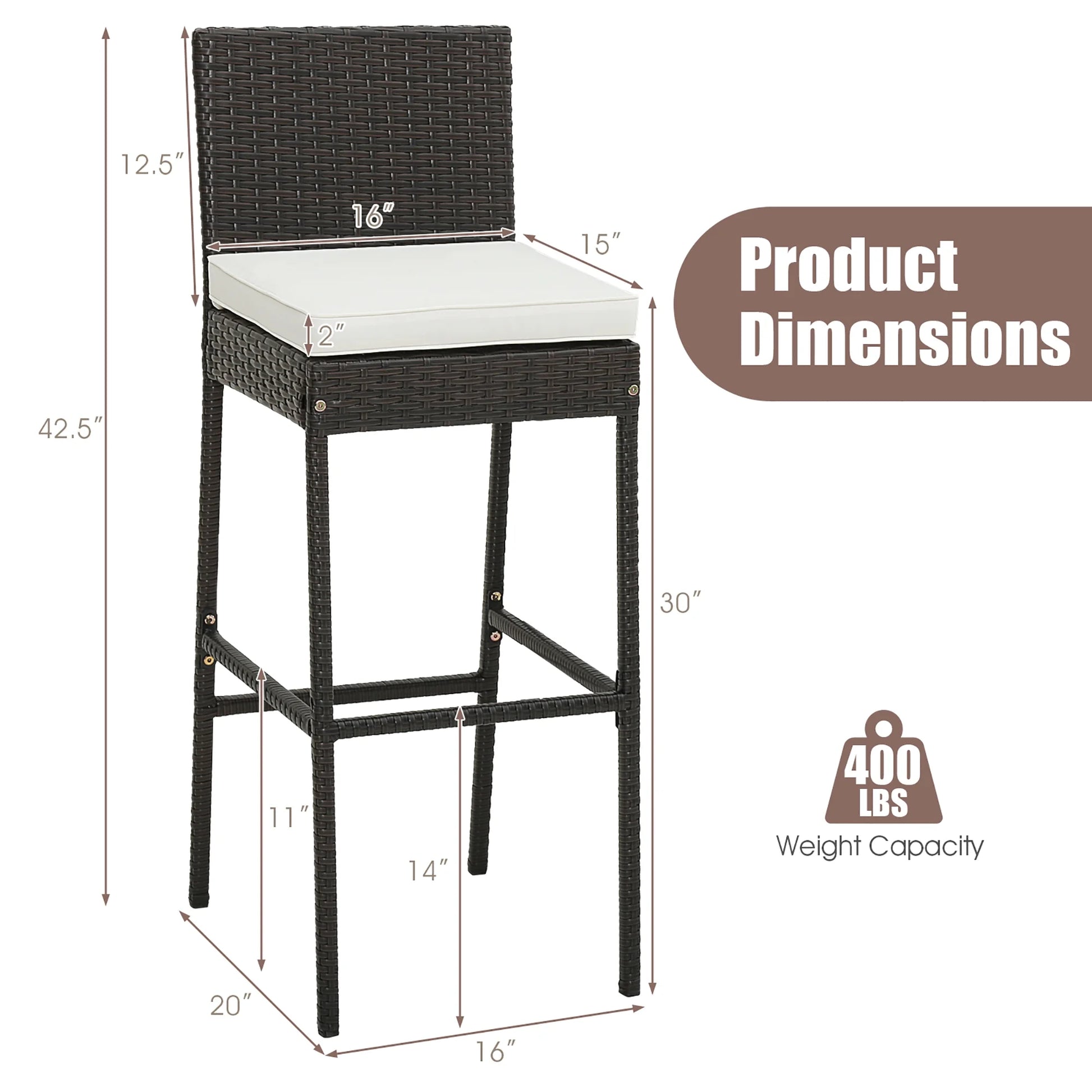 Costway 4 PCS Patio Wicker Barstools Bar Height Chairs with Cushions Backyard Off White