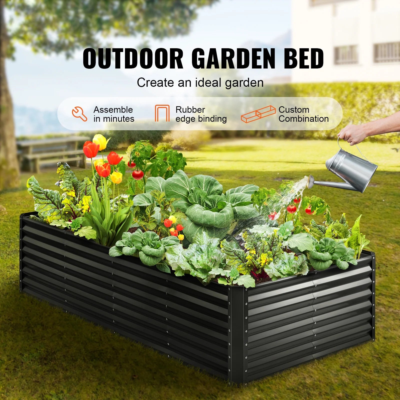 KFFKFF Elevated Garden Bed, Dimensions 8 x 4 x 2 ft, Constructed from Galvanized Metal, Open Bottom Outdoor Planters, Ideal for Cultivating Flowers, Vegetables, and Herbs in Yard, Garden, Patio