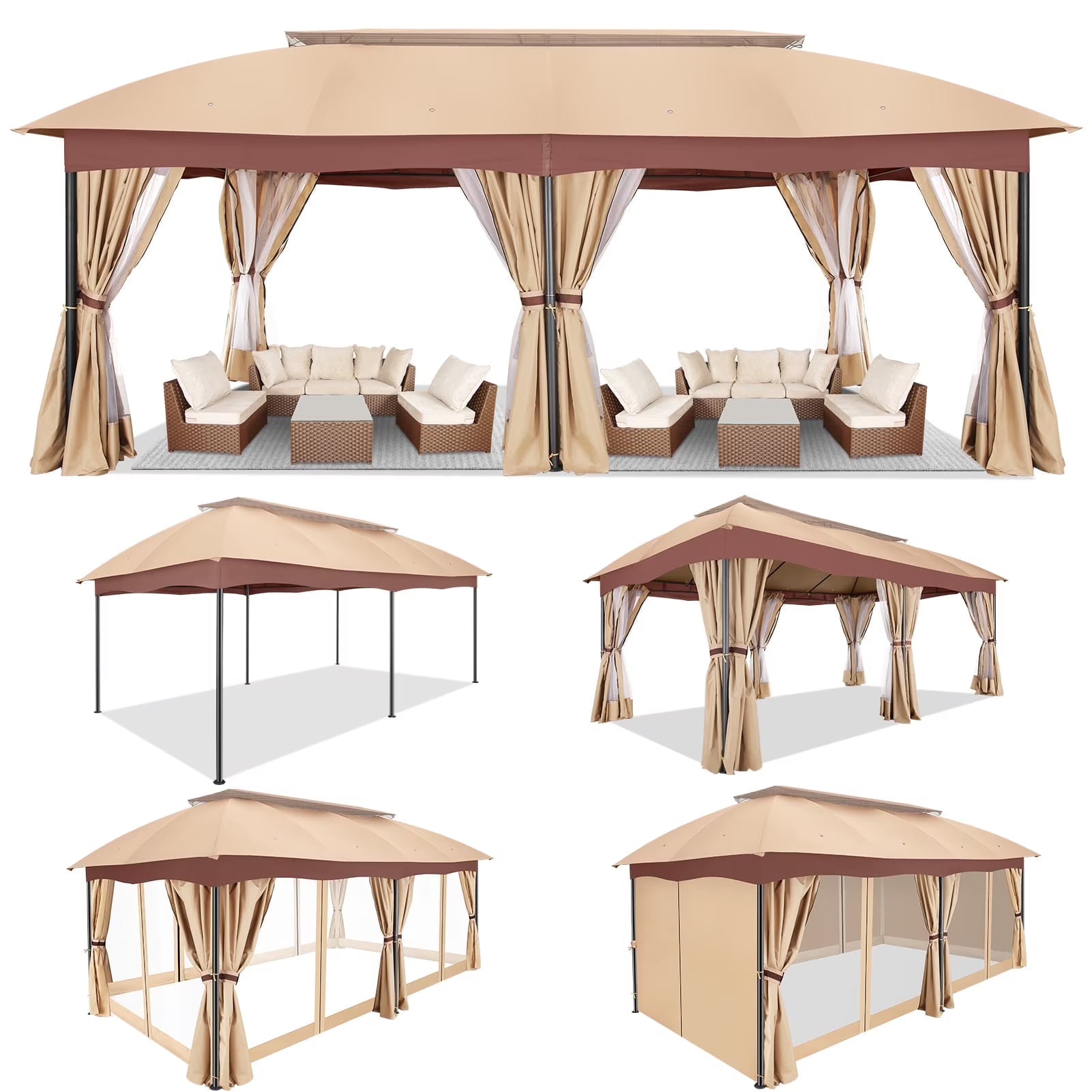 Hoteel 12X20 Heavy Duty Outdoor Patio Gazebo with Mosquito Netting and Curtains, Canopy Tent Deck Gazebo with Double Roofs and Metal Steel Frame for Party, Backyard, Deck, Garden, Gray