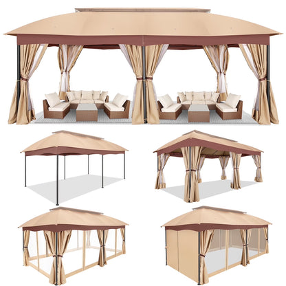 Hoteel 12X20 Heavy Duty Outdoor Patio Gazebo with Mosquito Netting and Curtains, Canopy Tent Deck Gazebo with Double Roofs and Metal Steel Frame for Party, Backyard, Deck, Garden, Gray