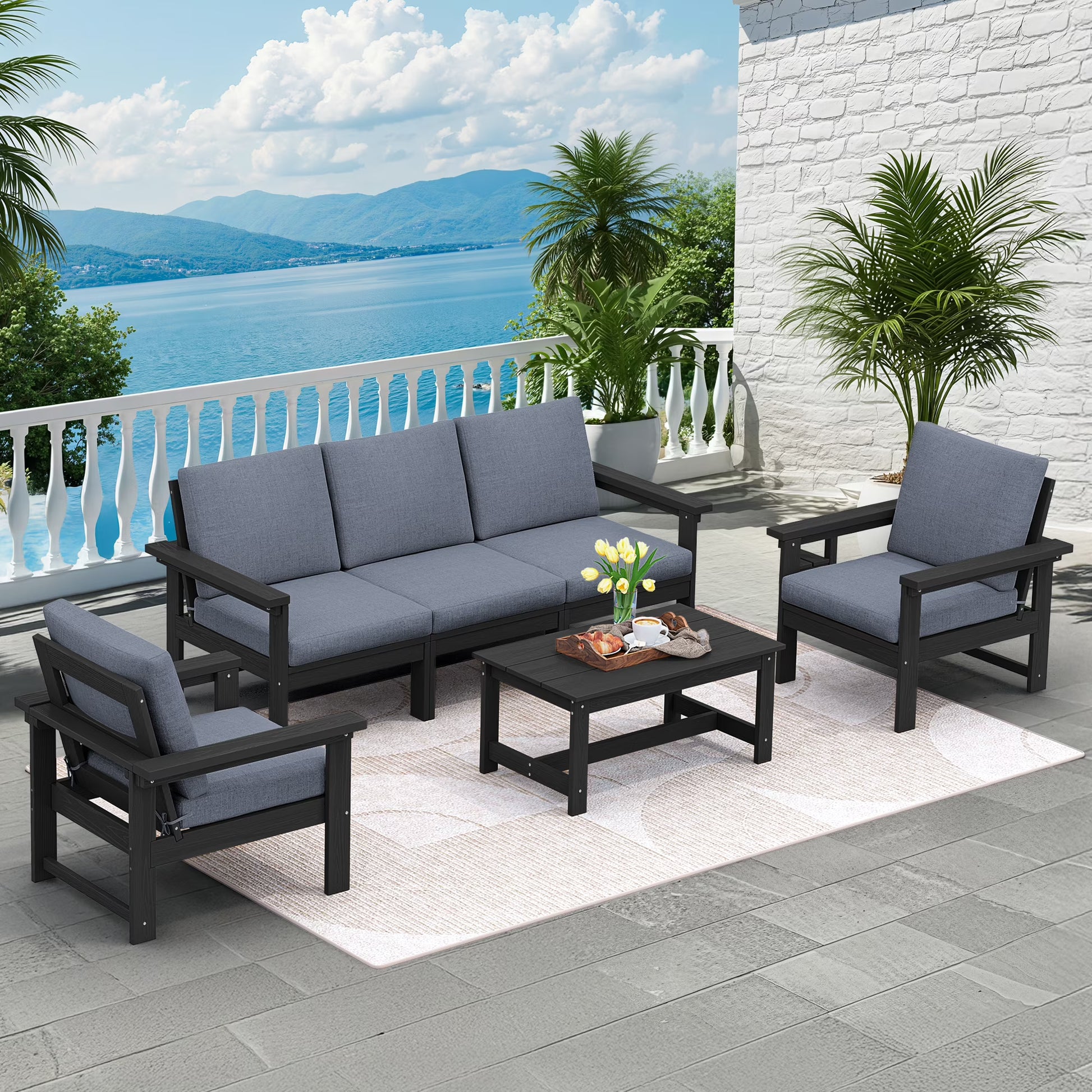 SERWALL Outdoor Patio Furniture Set, 7-Piece HDPE Outdoor Sofa Set Patio Conversation Set, Black Frame with Beige Cushions