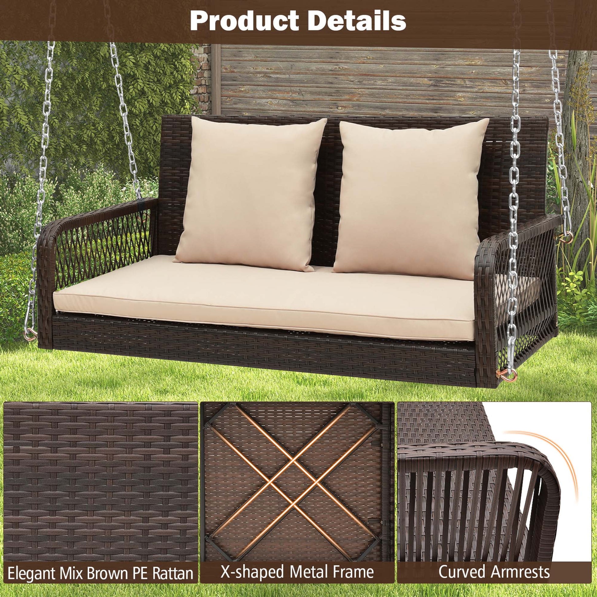 Costway Patio Wicker Porch Swing 2-Person Hanging Loveseat Bench Chair with Cushions Beige